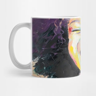 Young girl with curly hair and big smile. Mug